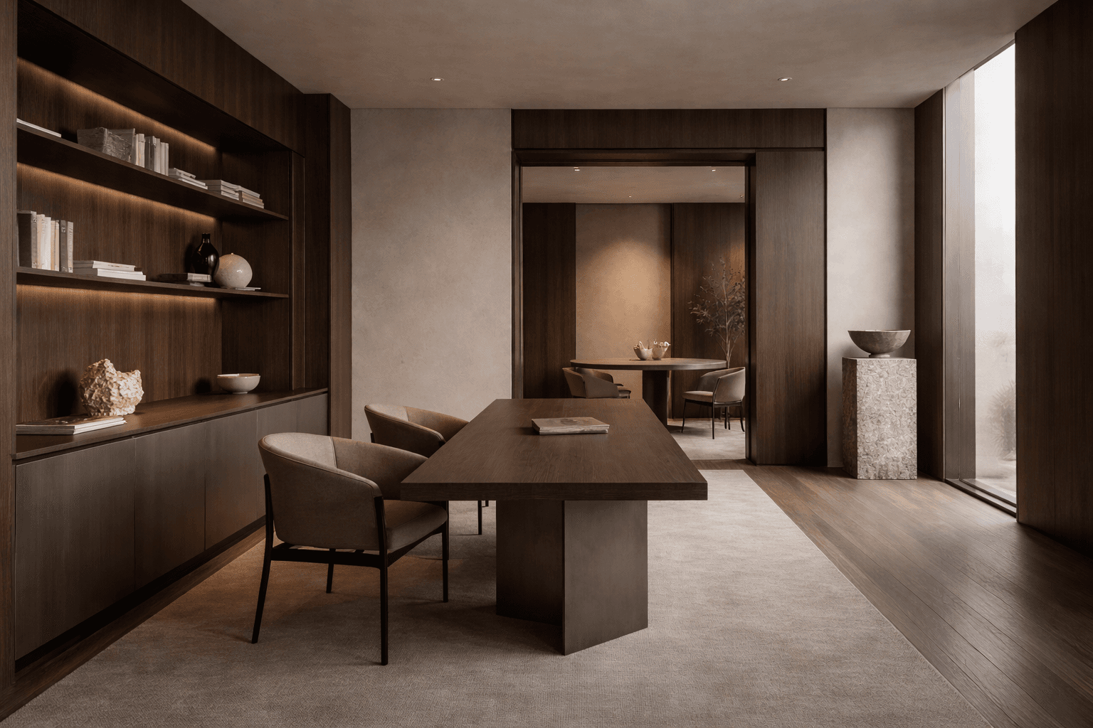 Espacio de trabajo interiorista con madera oscura, acero cepillado y luz controlada.