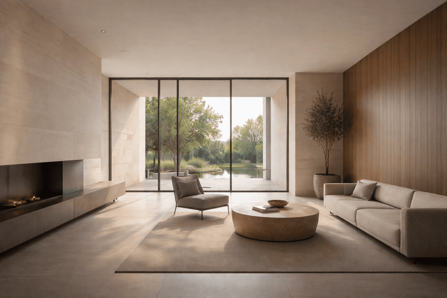 Interior arquitectónico contemporáneo con luz natural, piedra clara y madera cálida.
