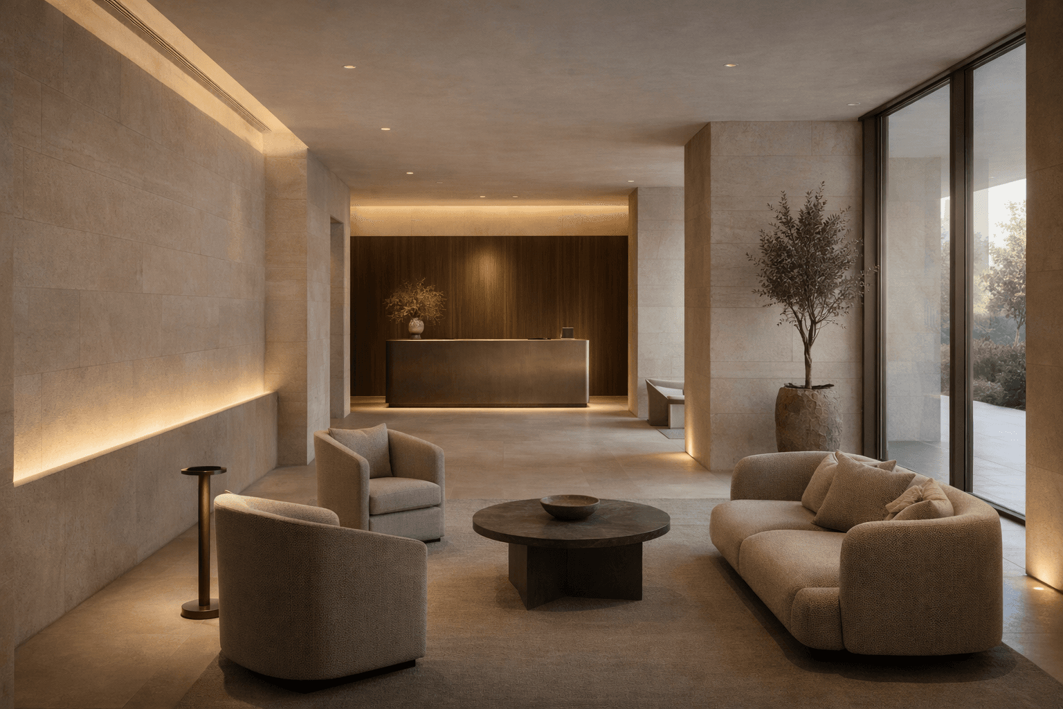 Interior de hotel boutique con piedra clara, madera cálida y atmósfera sobria.